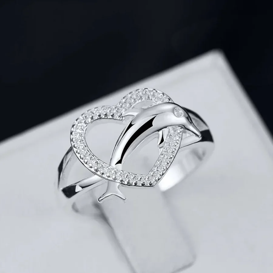 Anillo de plata 925 con forma de corazon de delfin